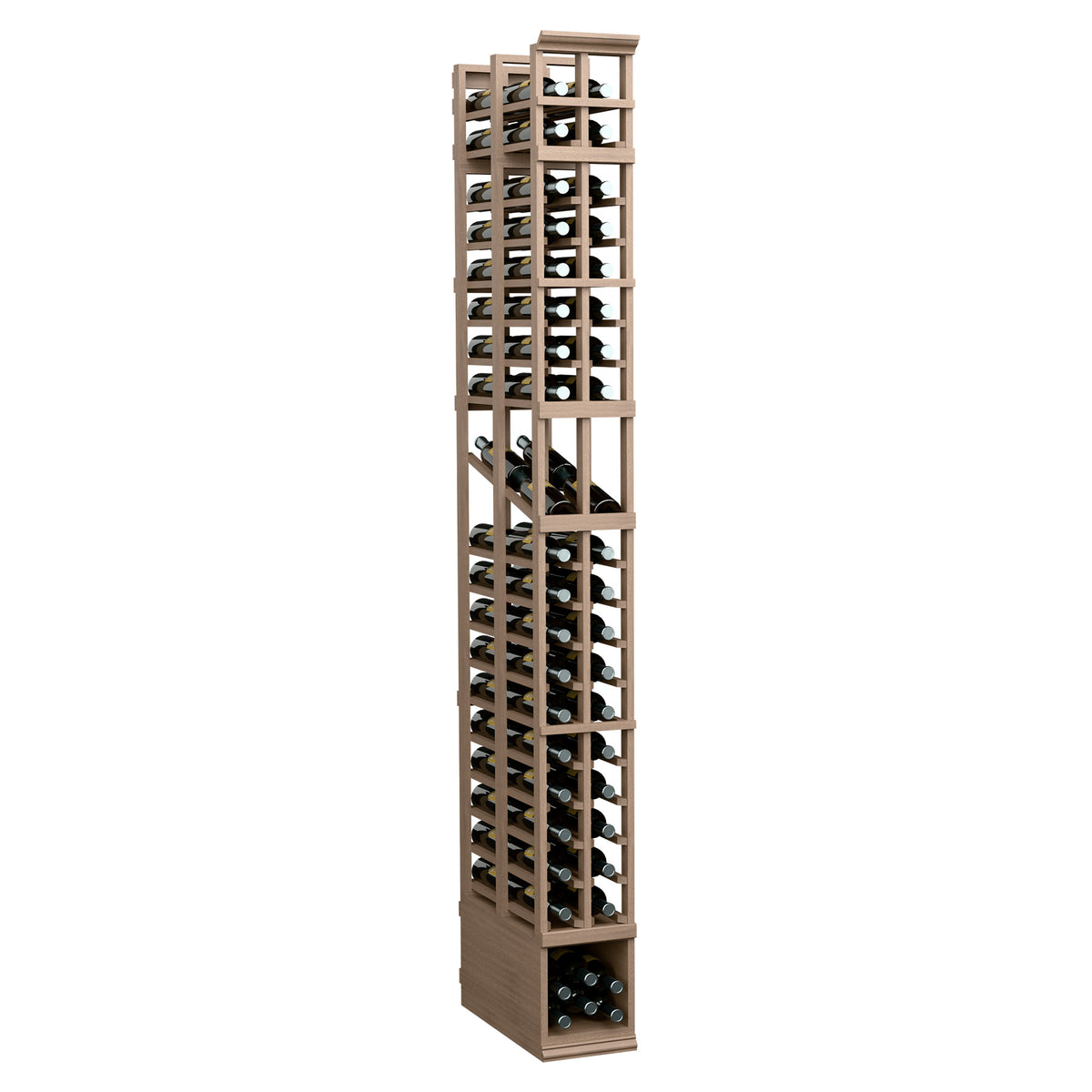 Light wood wine display rack with two columns and double-deep bottle storage