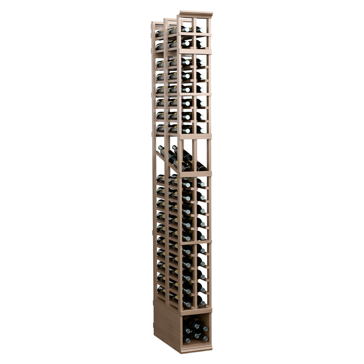 Light wood tall wine rack with two-column double-deep shelving for bottles