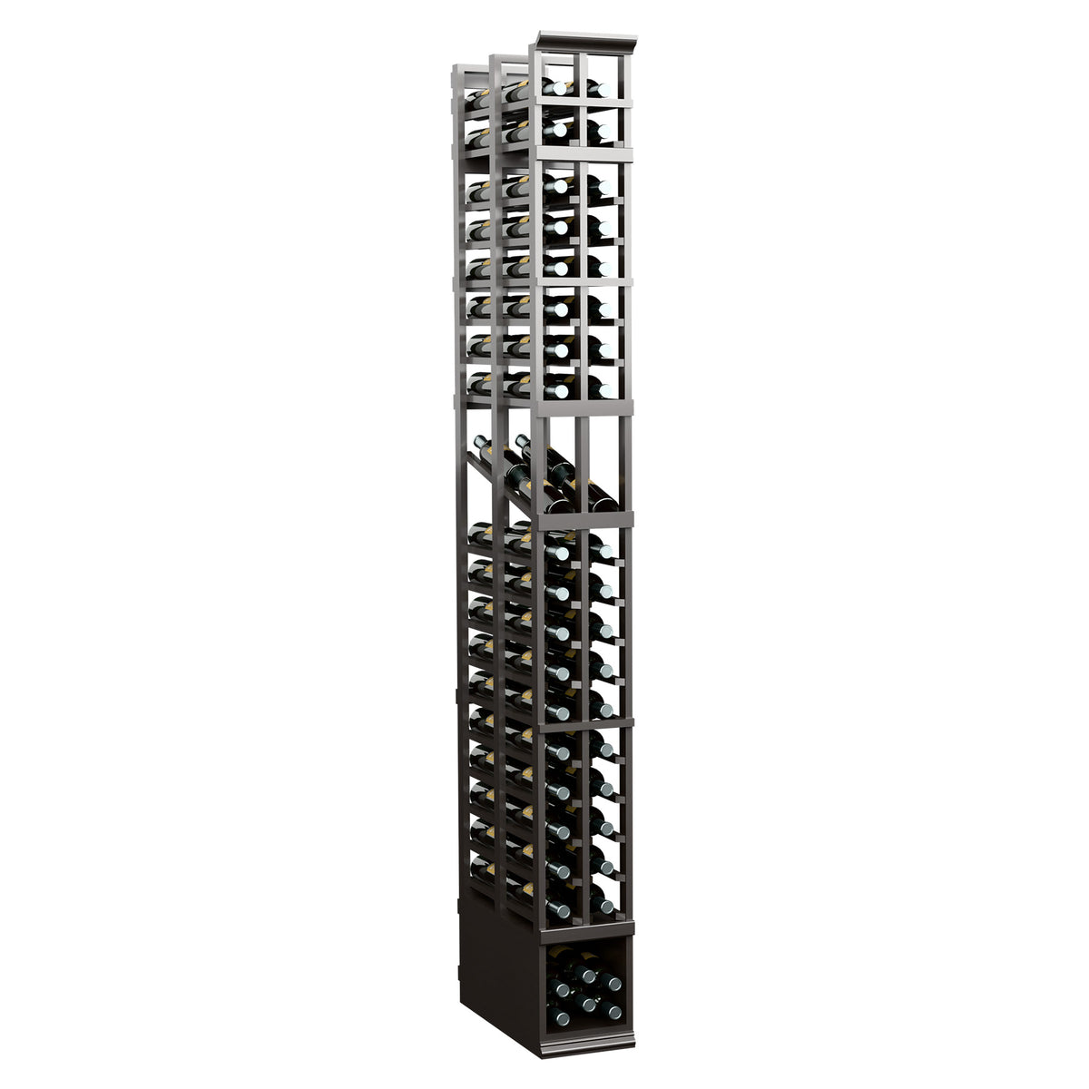 Dark gray tall wine rack with two-column double-deep shelving for bottles