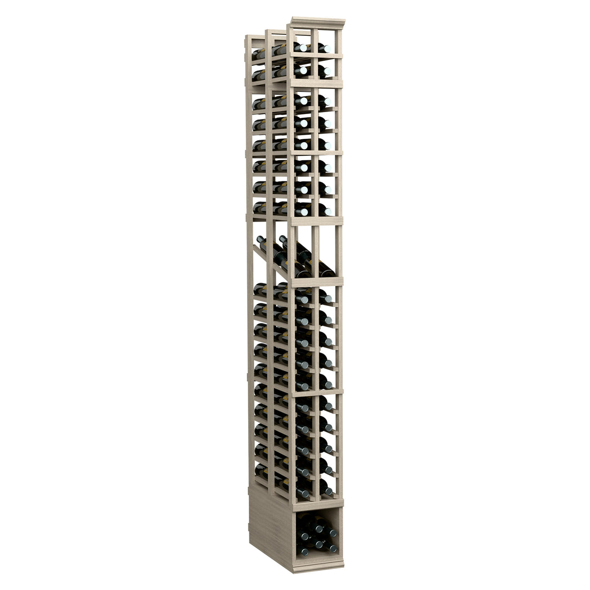 8-ft wine display rack, double-deep wooden grid shelves, light white-wash finish
