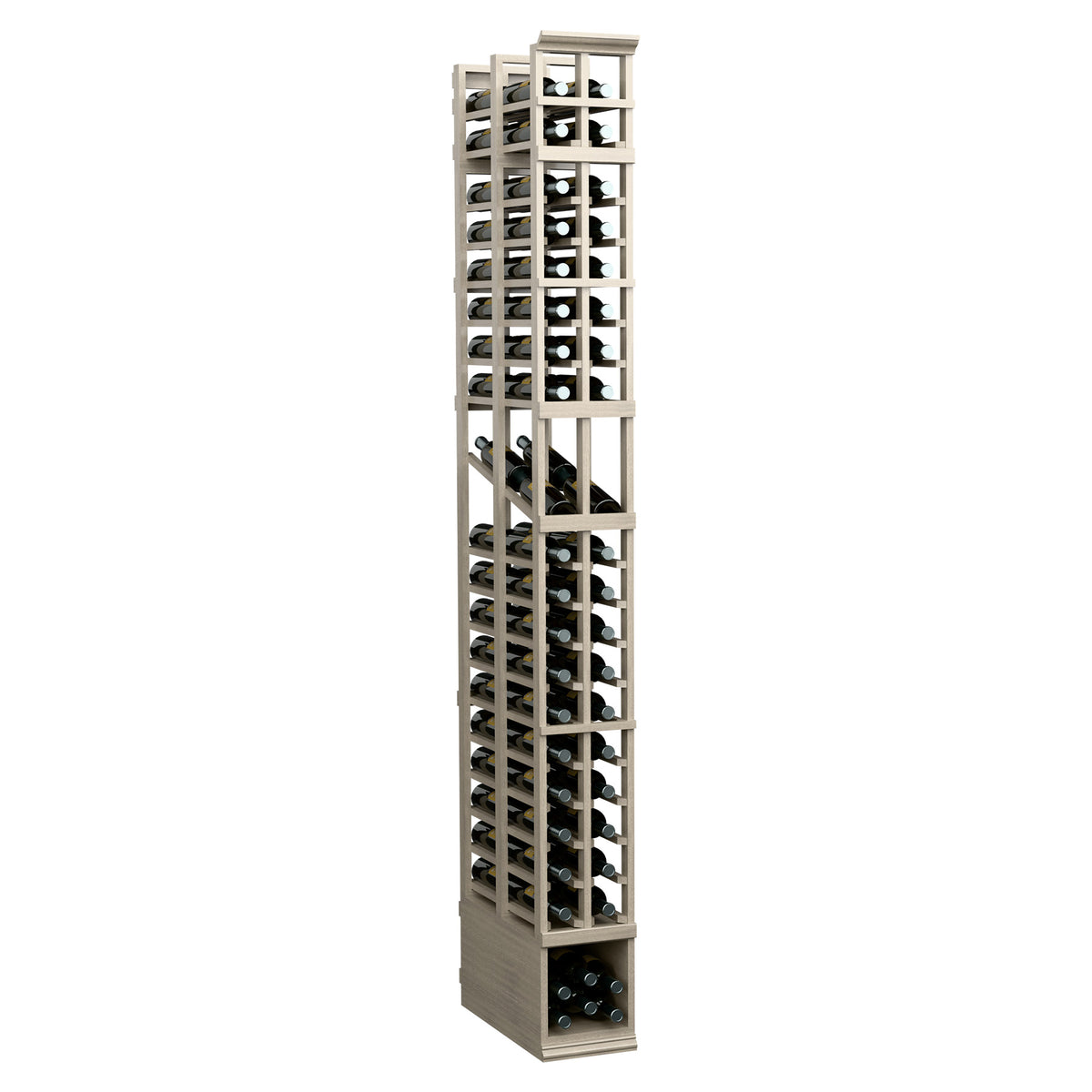 8-ft wine display rack, double-deep wooden grid shelves, light white-wash finish