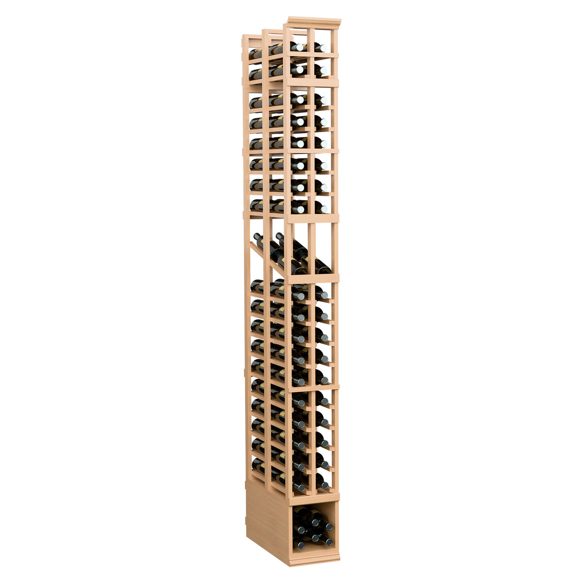 8-ft wine display rack, double-deep wooden grid shelves, warm natural wood finish
