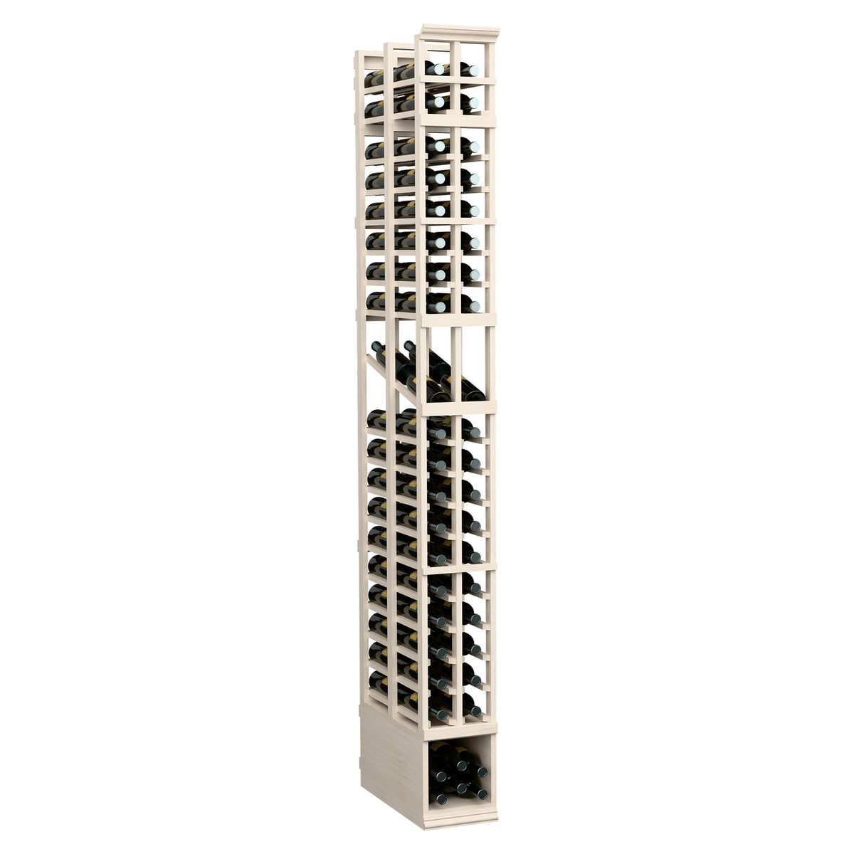 8-ft wine display rack, double-deep wooden grid shelves, light white-wash finish