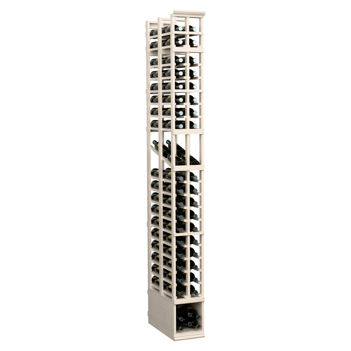 8-ft wine display rack, double-deep wooden grid shelves, light white-wash finish