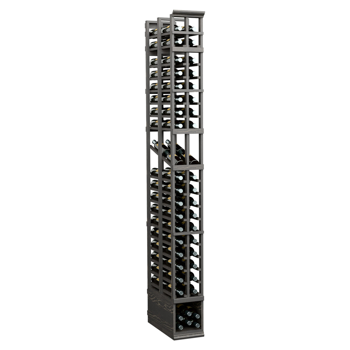 8 ft two-column double-deep wine bottle display rack with dark frame and glass holders