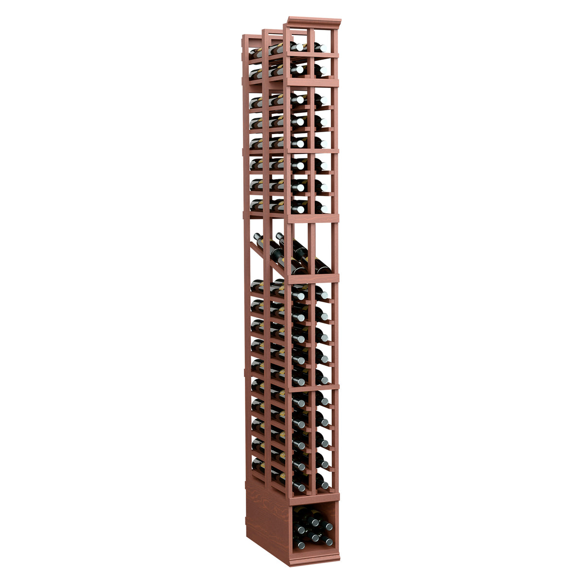 8 ft two-column double-deep wine bottle display rack with reddish wood frame and bottle slots