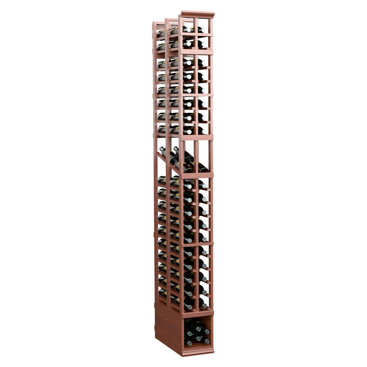 8 ft two-column double-deep wine bottle display rack with reddish wood frame and glass holders