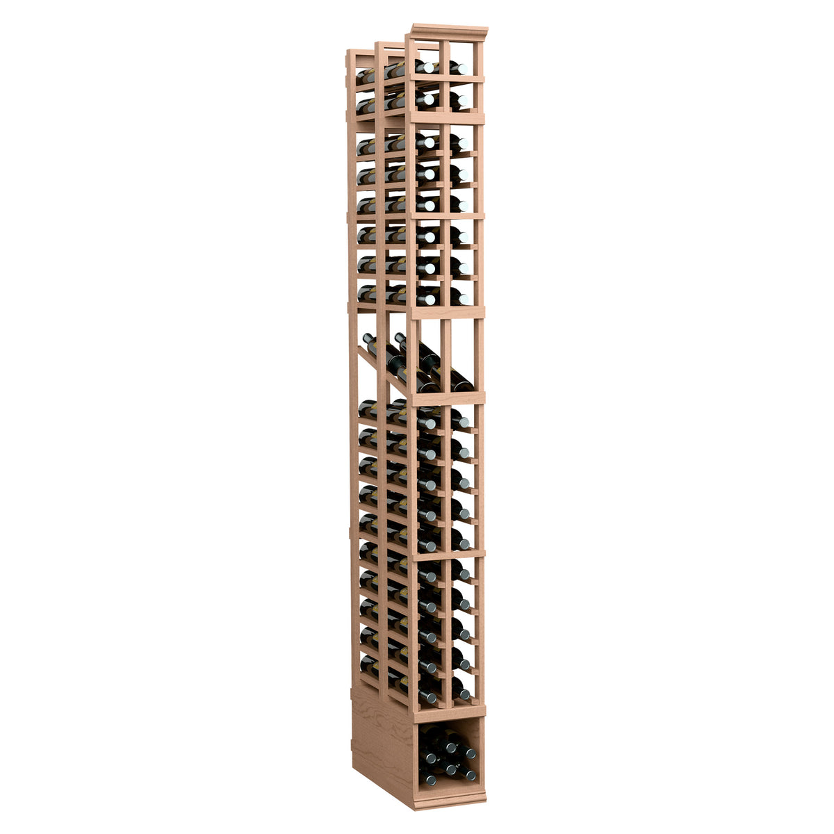 8 ft two-column double-deep wine bottle display rack with light wood frame and bottle slots