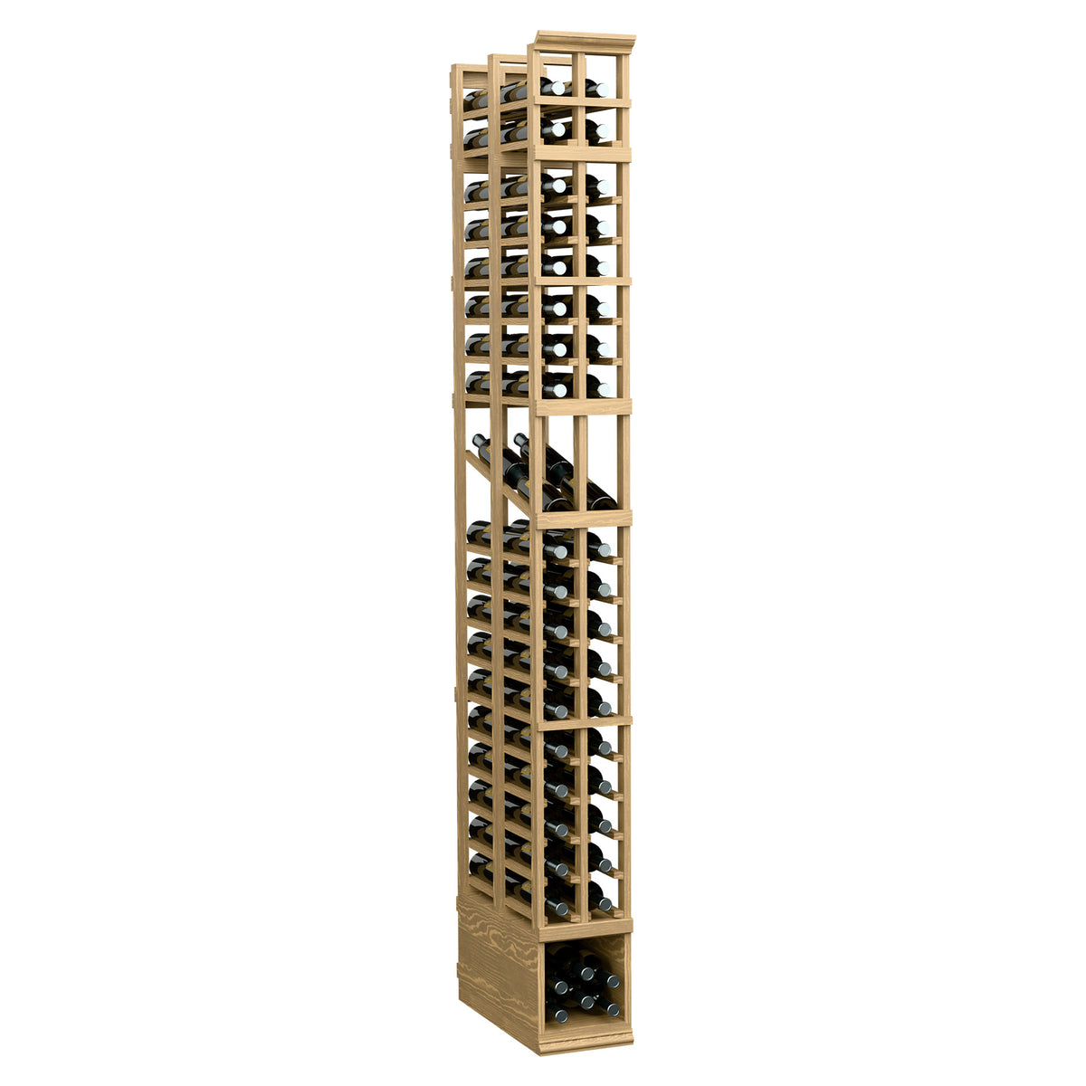 8 ft two-column double-deep wine bottle display rack with pale wood frame and bottle slots