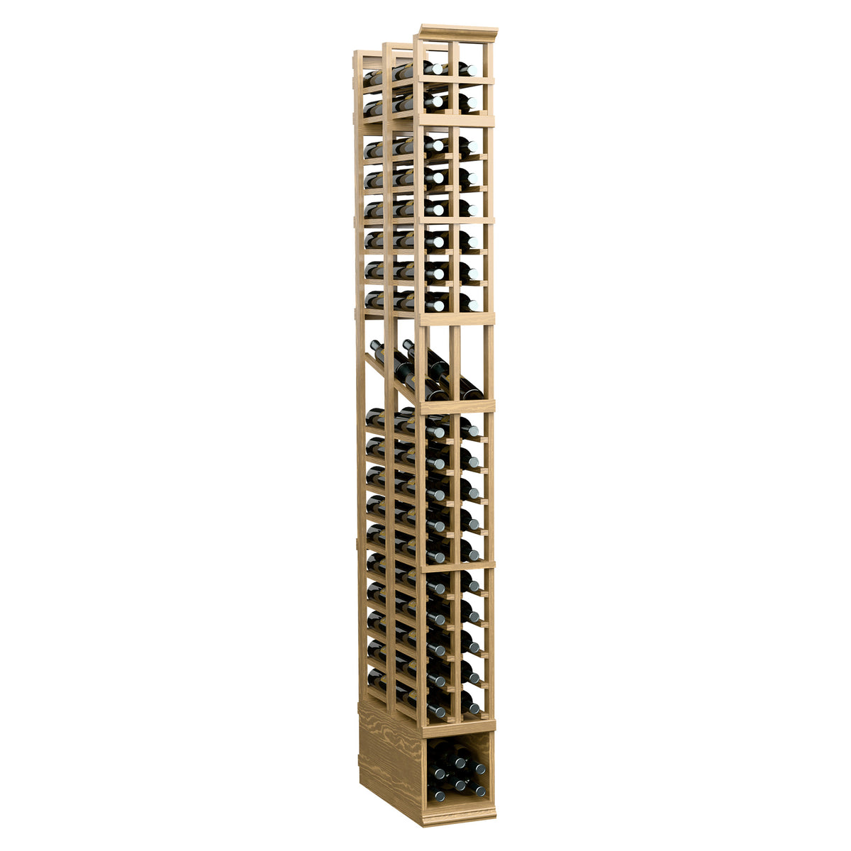 8 ft two-column double-deep wine bottle display rack with pale wood frame and glass bottle holders