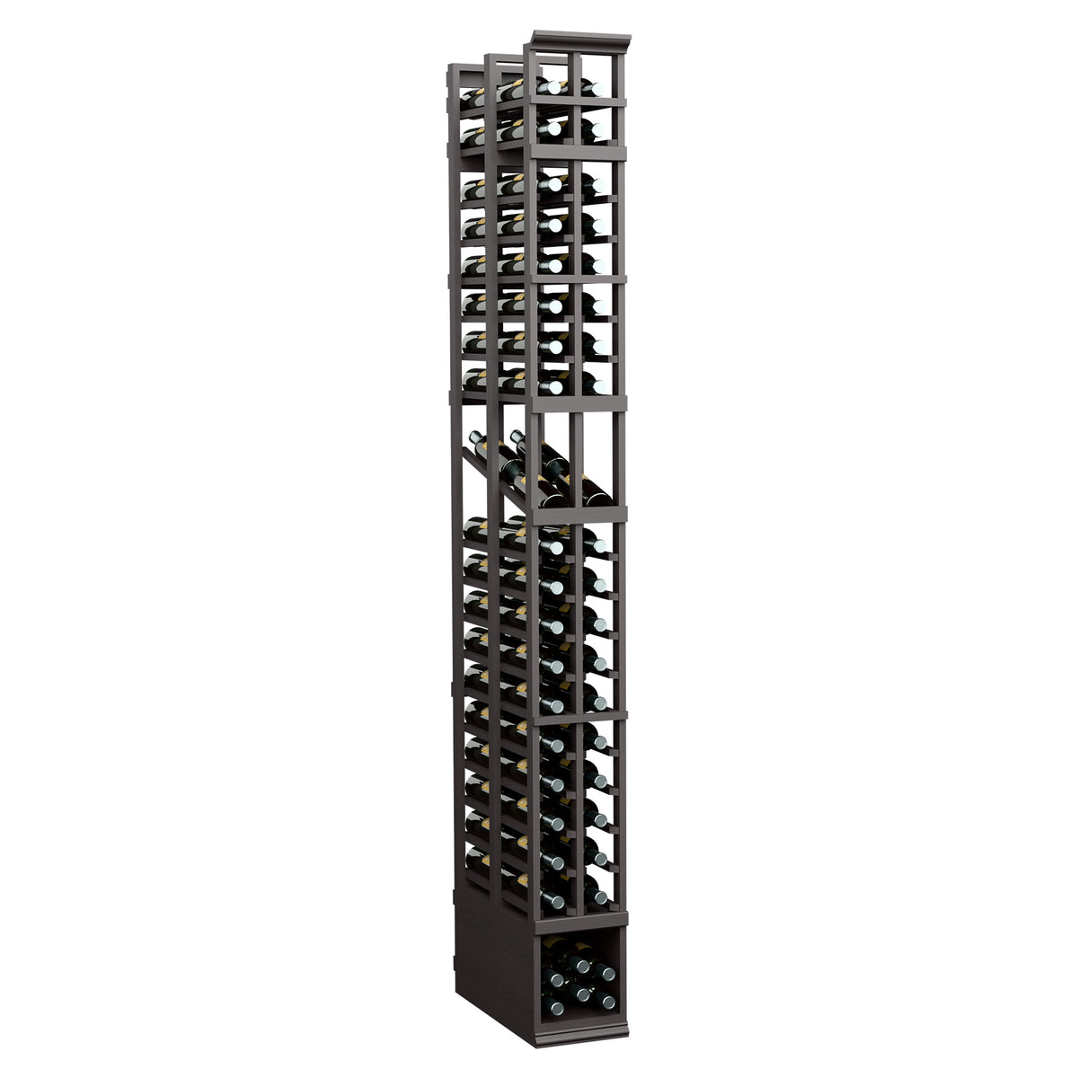 8 ft two-column double-deep wine bottle display rack with dark metal frame and bottle slots