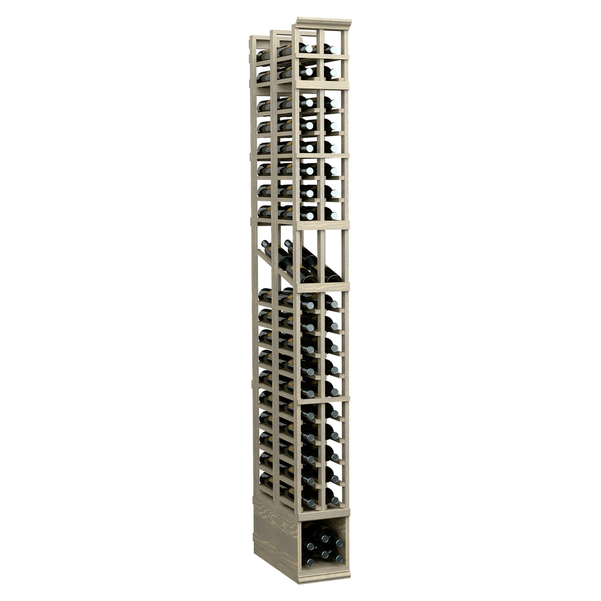 2-column double-deep wine bottle display rack, light wood frame, 8-ft tall