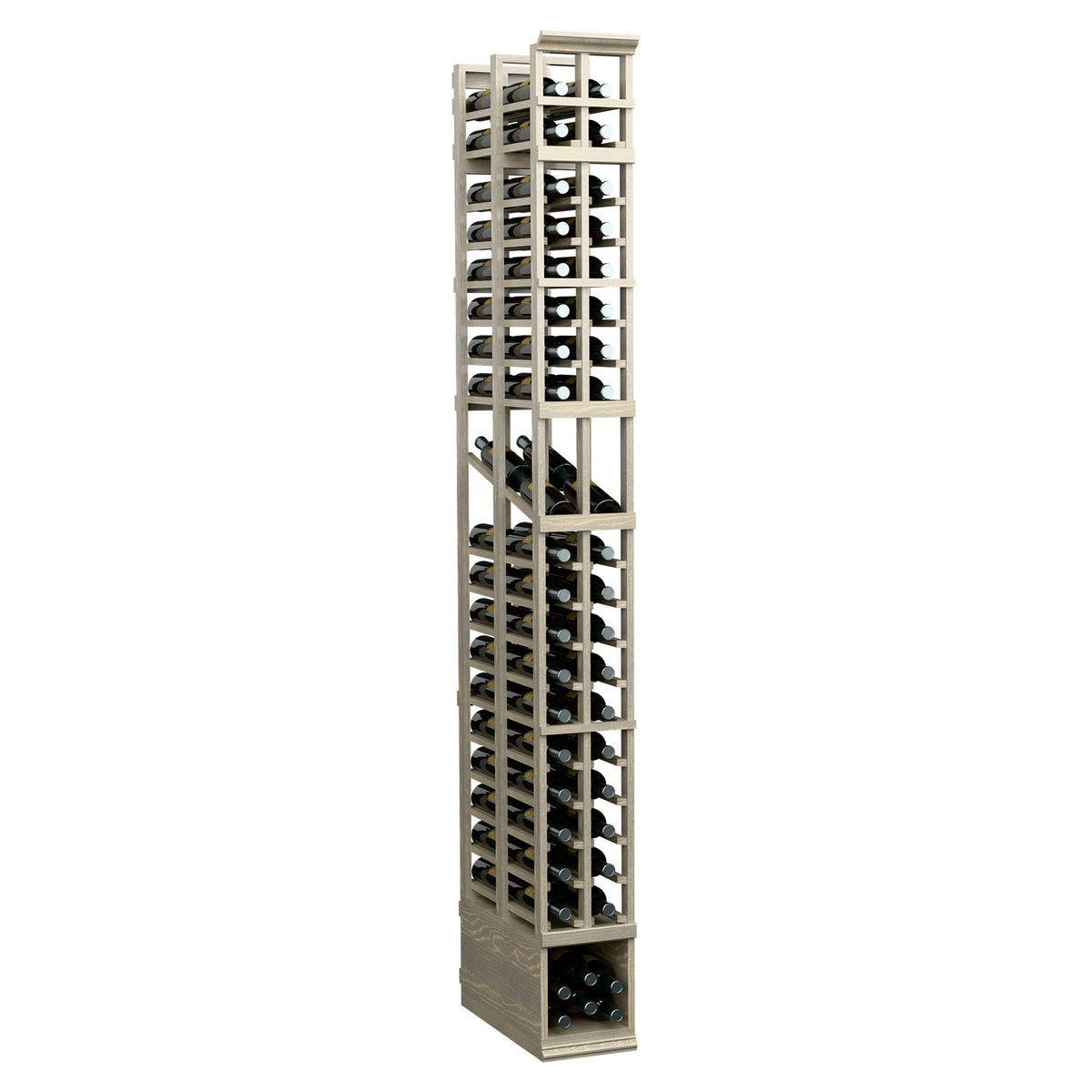 2-column double-deep wine bottle rack with light wood slats and bottle slots, 8-ft