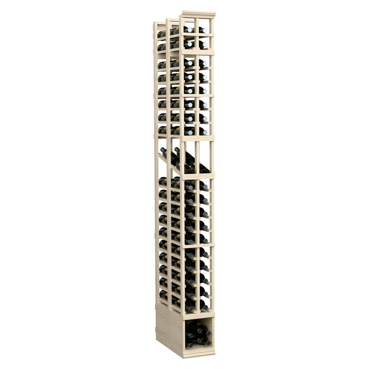 Tall 2-column double-deep wine bottle display rack, light wood grid, 8-ft
