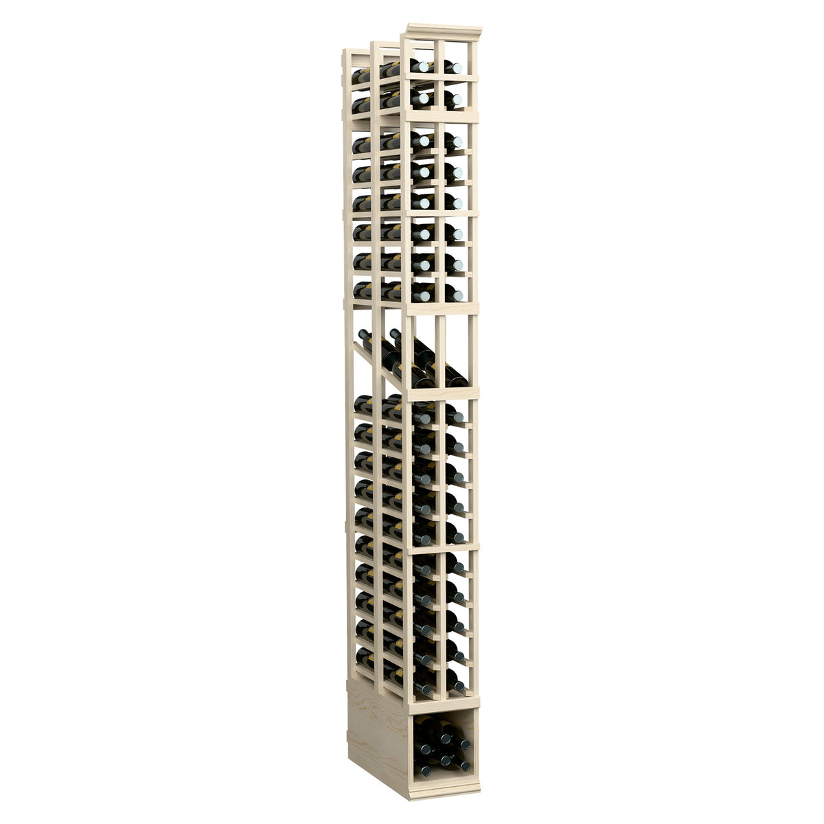 8-ft 2-column double-deep wine bottle display rack, light wood frame with rows