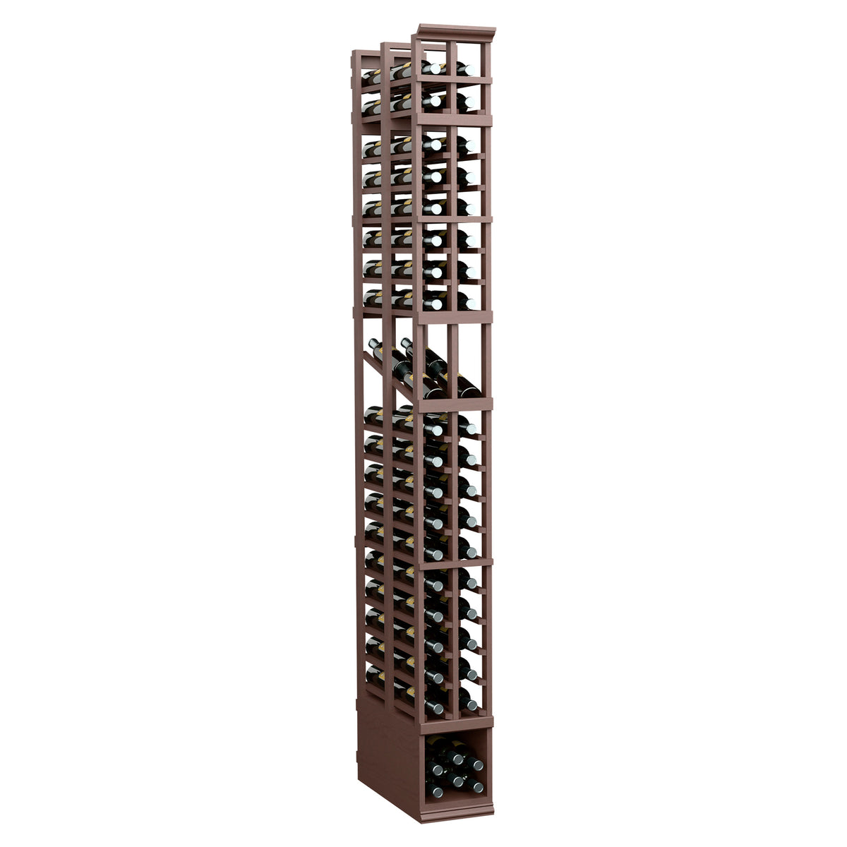 8-ft 2-column double-deep wine bottle display rack, dark wood frame with bottle rows