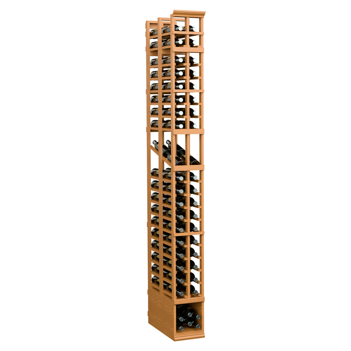 8-ft 2-column double-deep wine bottle display rack, warm light wood frame, bottle slots