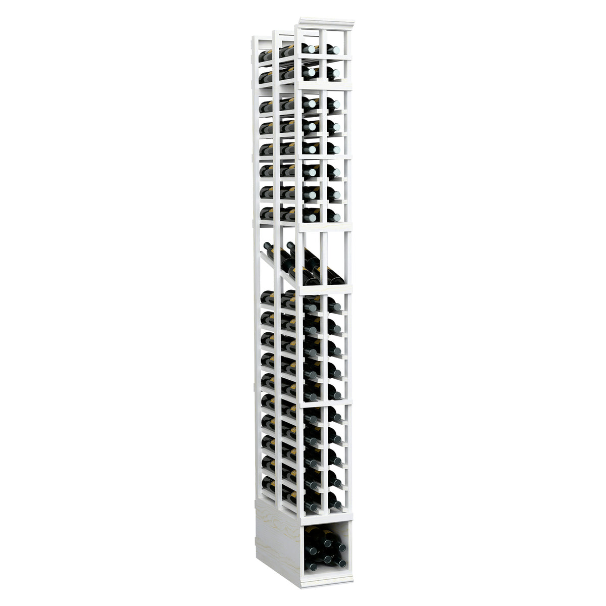 8-ft 2-column double-deep wine bottle display rack, white-painted frame with bottle rows