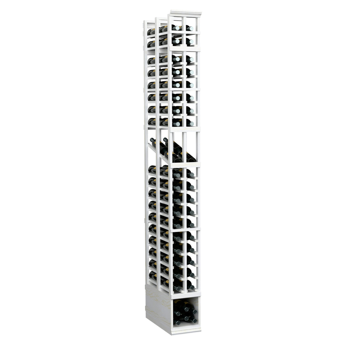 2-column double-deep wine bottle rack with white frame and rows of bottle slots, 8-ft