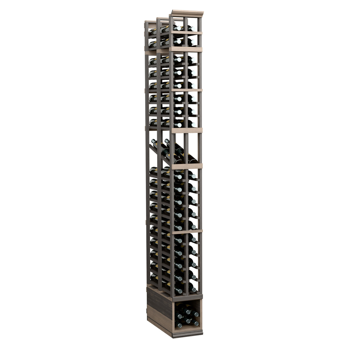 Two-column wine bottle display rack with dark metal grid and bottle storage
