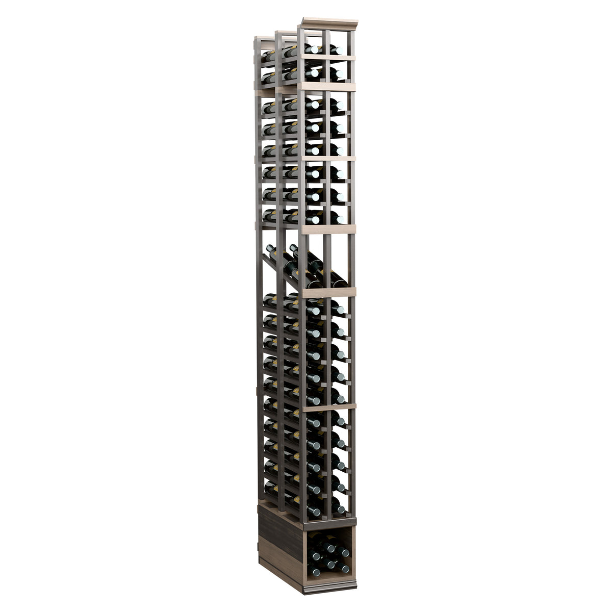 Tall two-column wine bottle display rack with dark frame, two-deep bottle rows