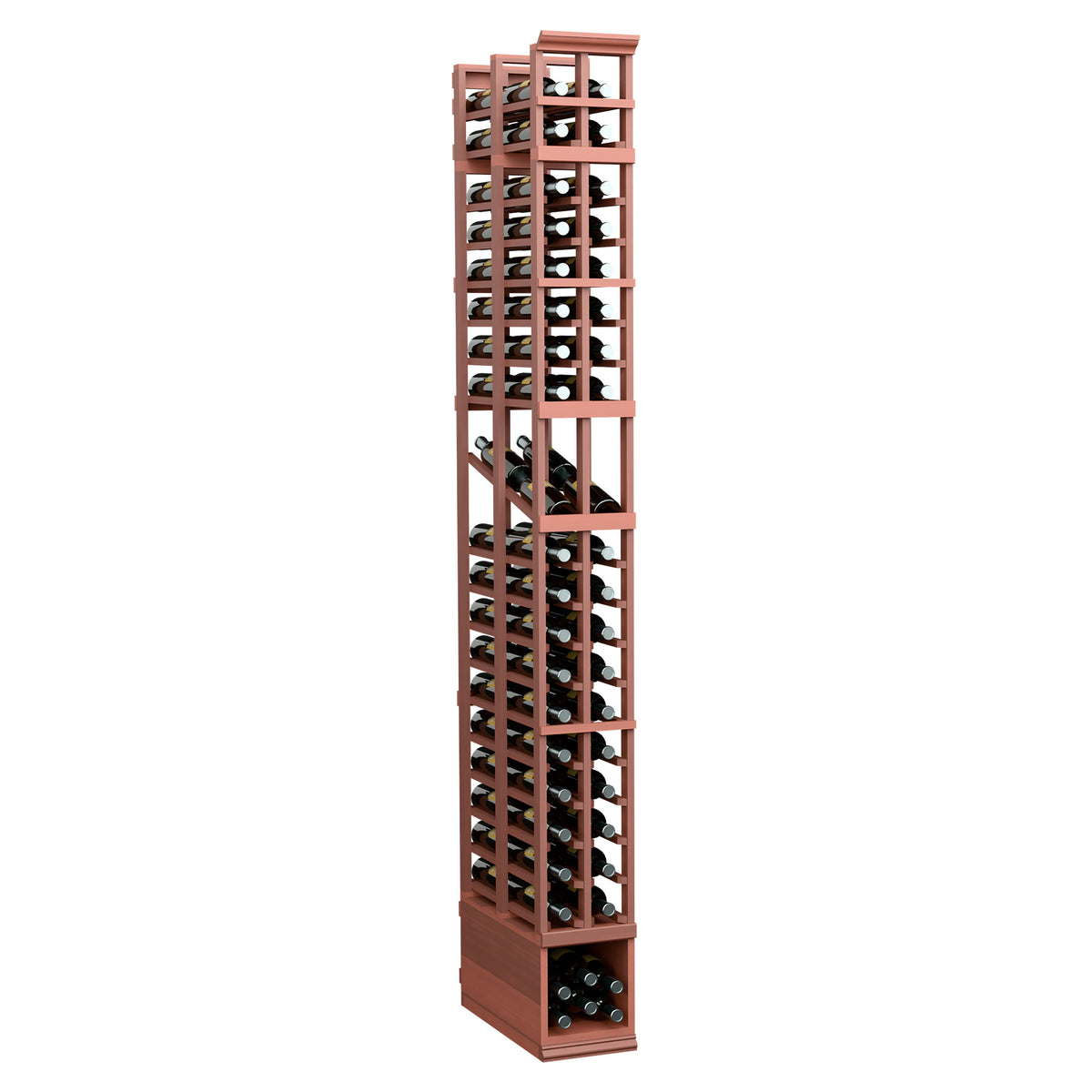 Two-column wine bottle display rack with reddish wood frame and bottle storage
