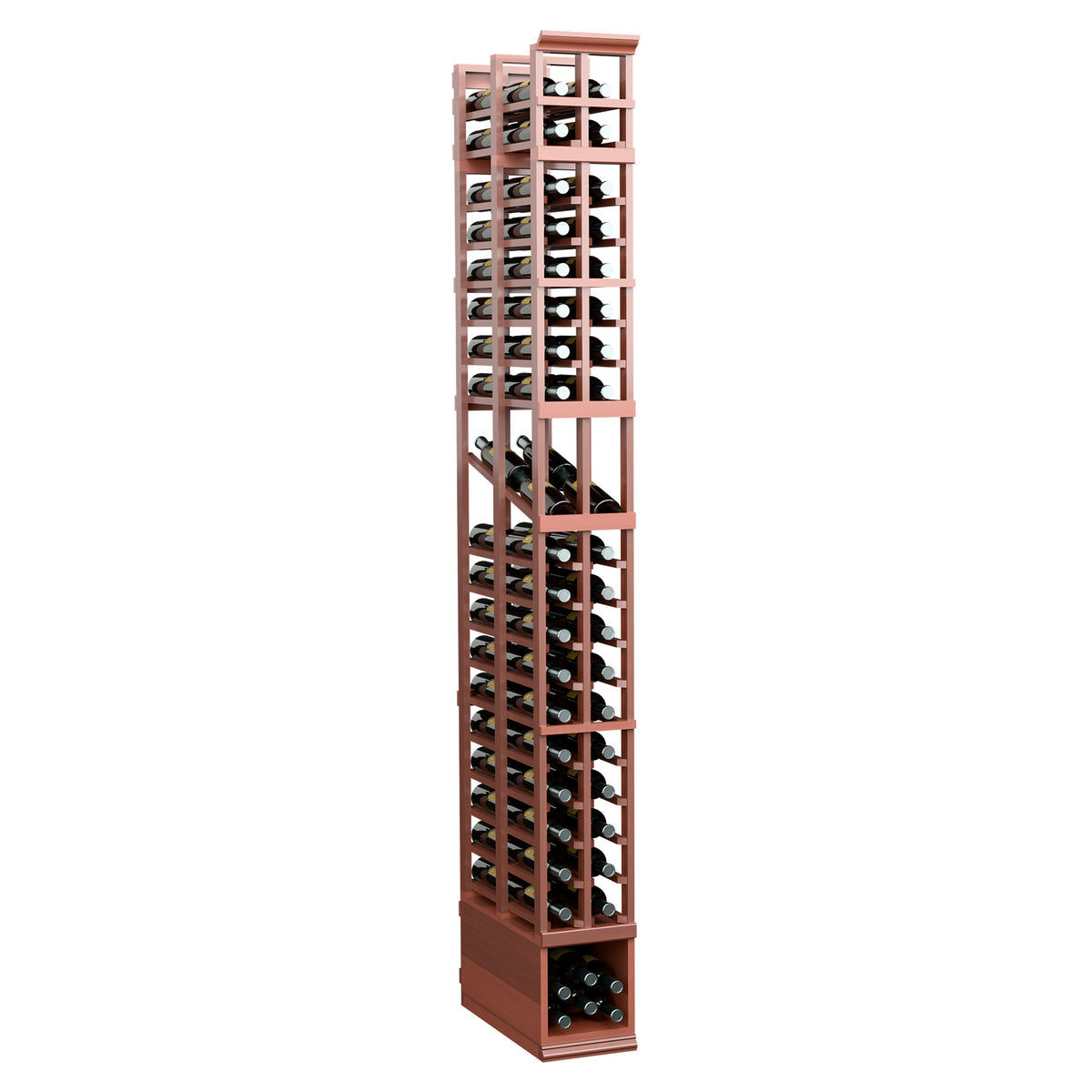Upright two-column wine bottle display rack with warm wood tones and bottle rows