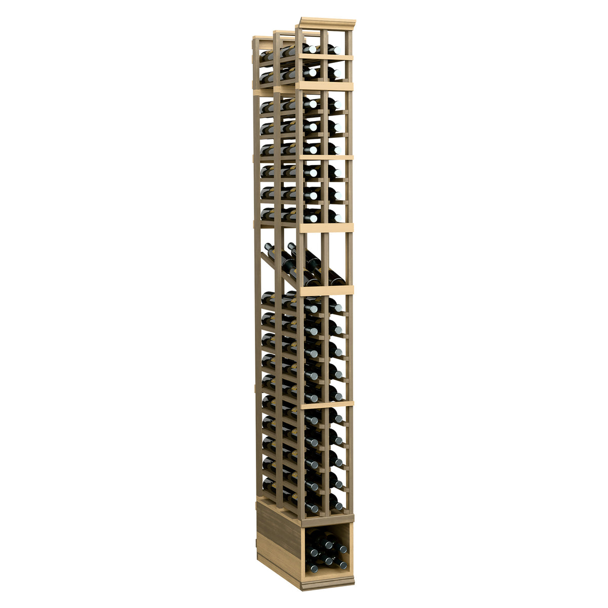 Two-column wine bottle display rack with light tan frame and bottle storage