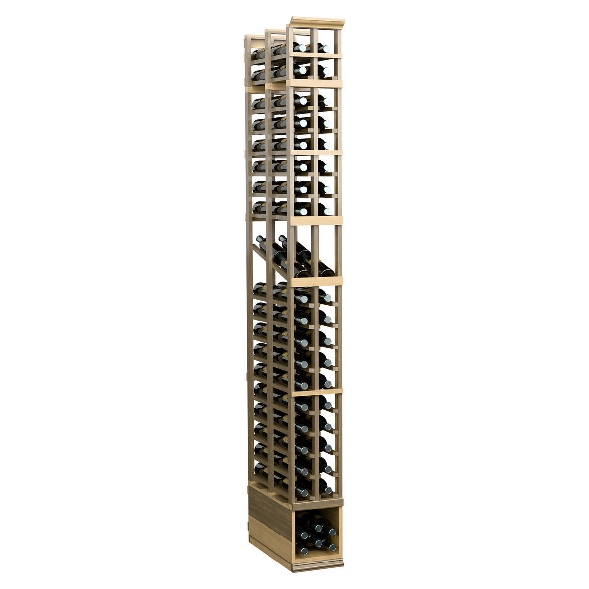 Upright two-column wine bottle display rack with light wood frame and bottle rows