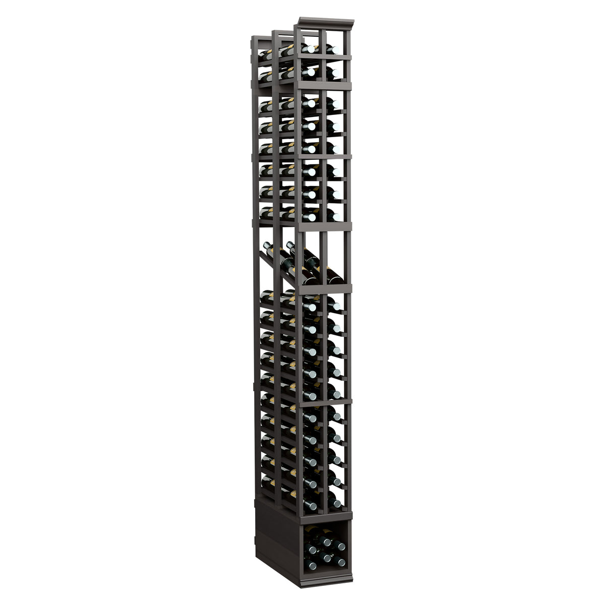 Two-column wine bottle display rack with dark gray frame and bottle storage