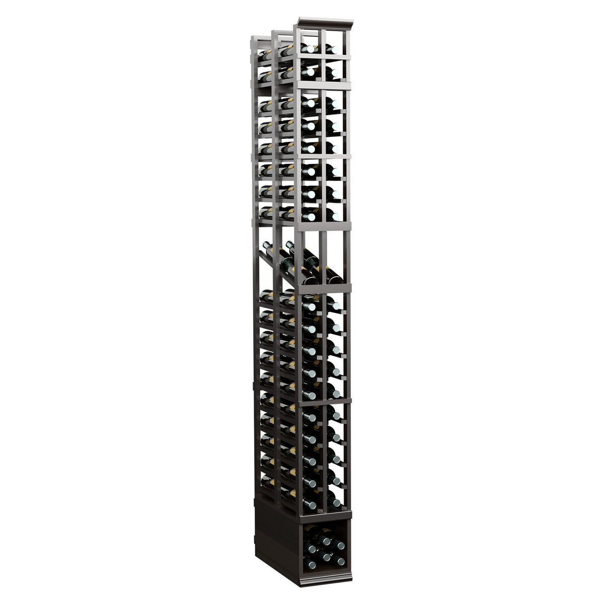 Tall two-column wine bottle display rack with dark finish and two-deep bottle rows