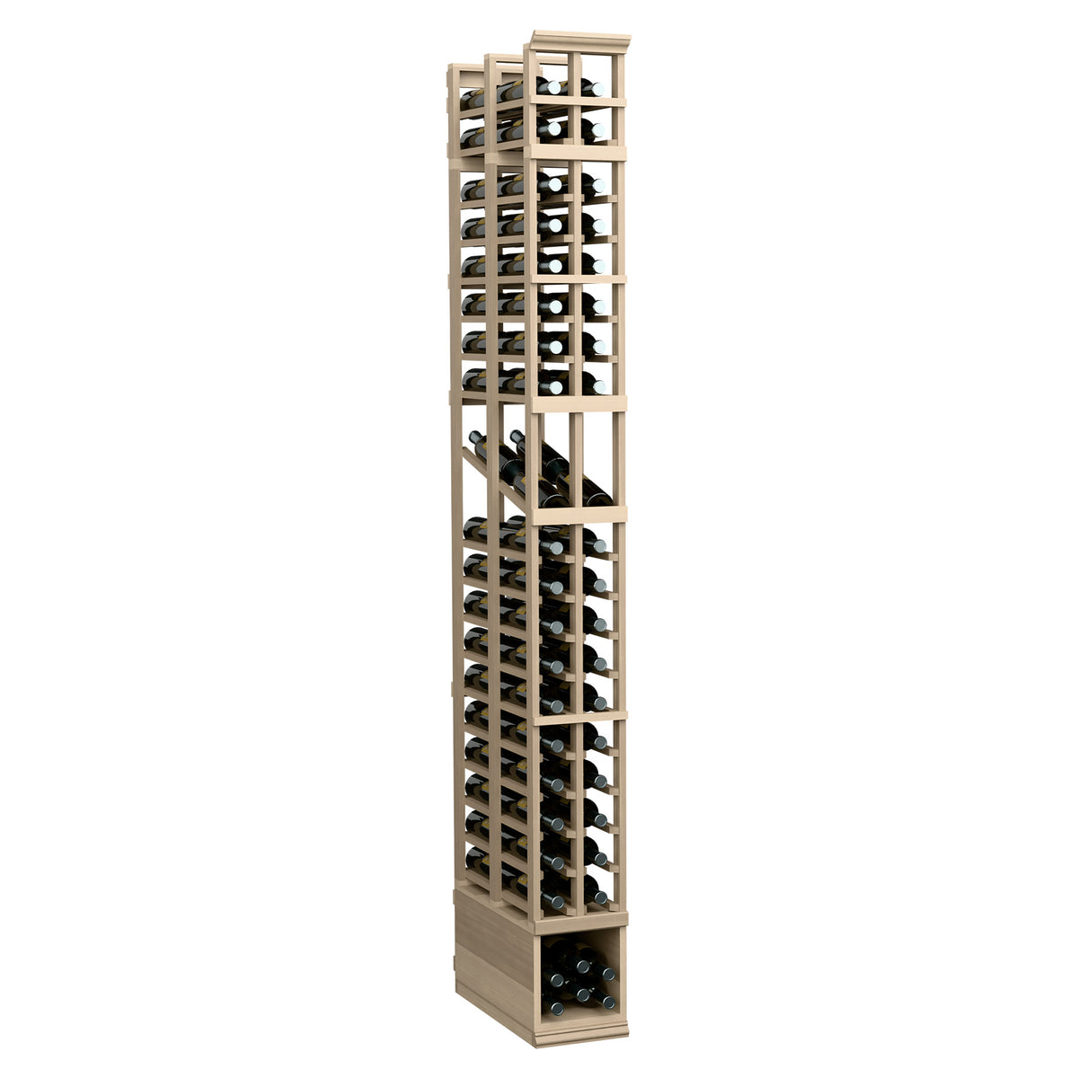 Wood wine display rack with two columns and double-deep bottle holders, light finish.