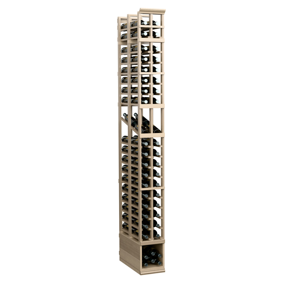 Tall wood wine rack with two columns and double-deep bottle slots, light neutral tone.