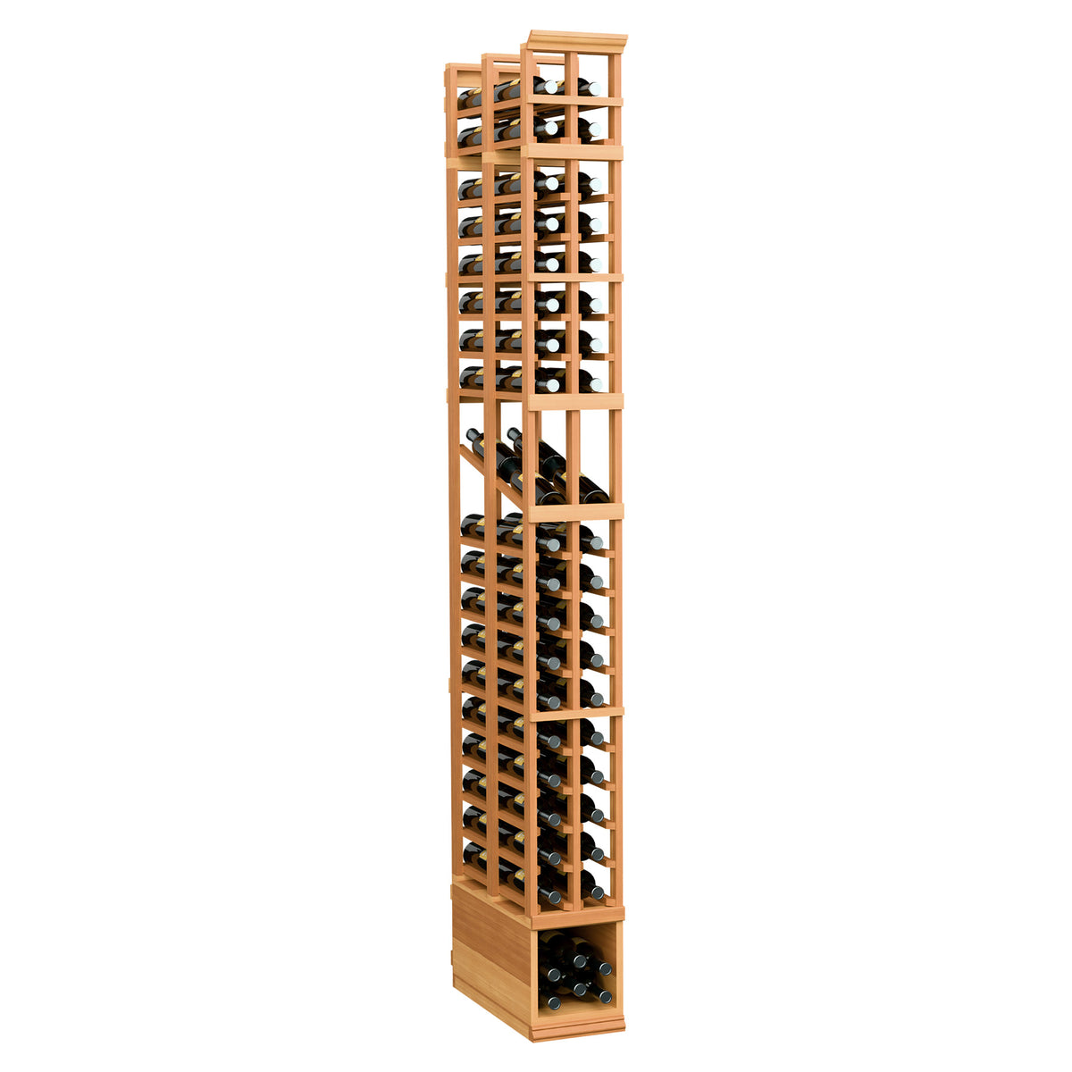 Wood wine display rack with two columns and double-deep bottle holders, warm orange stain.