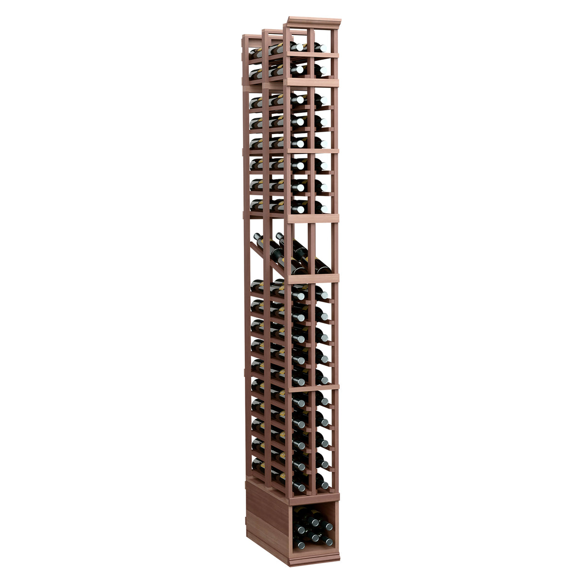 Wood wine display rack with two columns and double-deep bottle holders, medium brown stain.