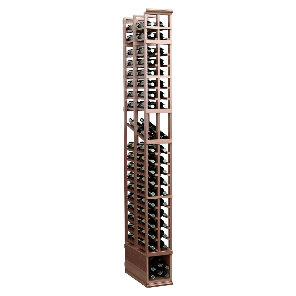Tall wood wine rack with two columns and double-deep bottle slots, dark brown finish.