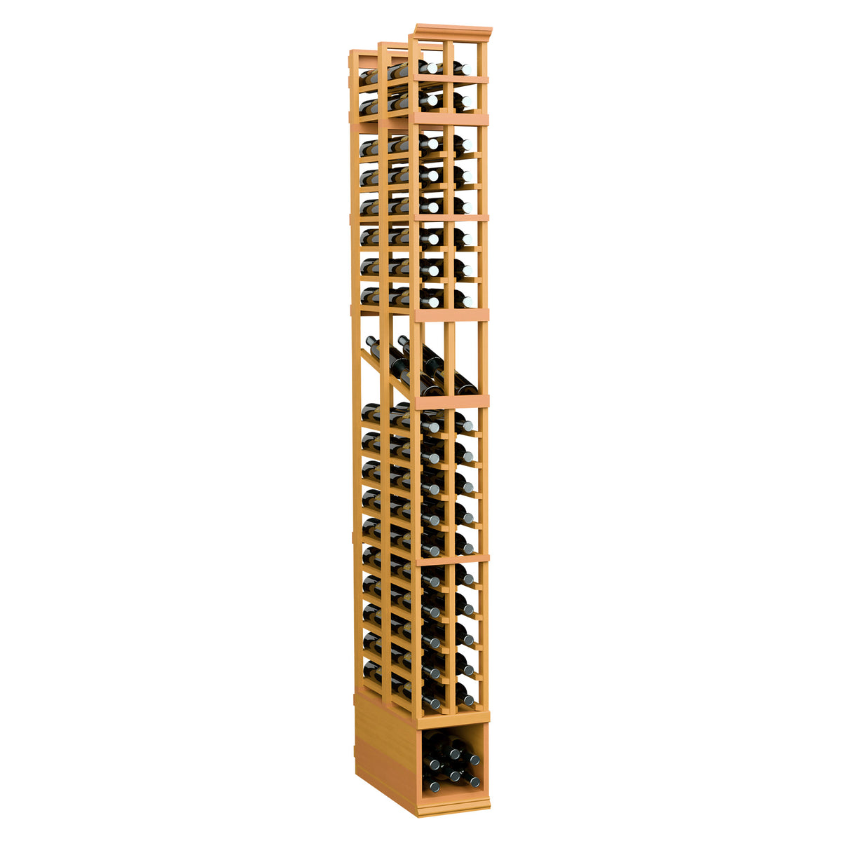 Wood wine display rack with two columns and double-deep bottle holders, honey gold stain.