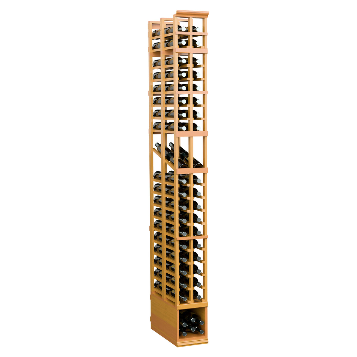 Tall wood wine rack with two columns and double-deep bottle slots, pale yellow finish.