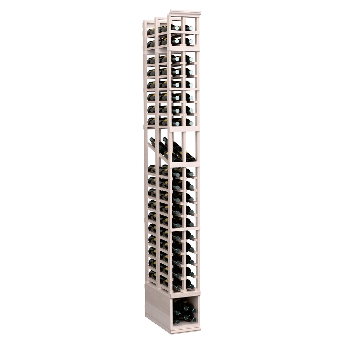 Wood wine display rack with two columns and double-deep bottle holders, whitewashed finish.