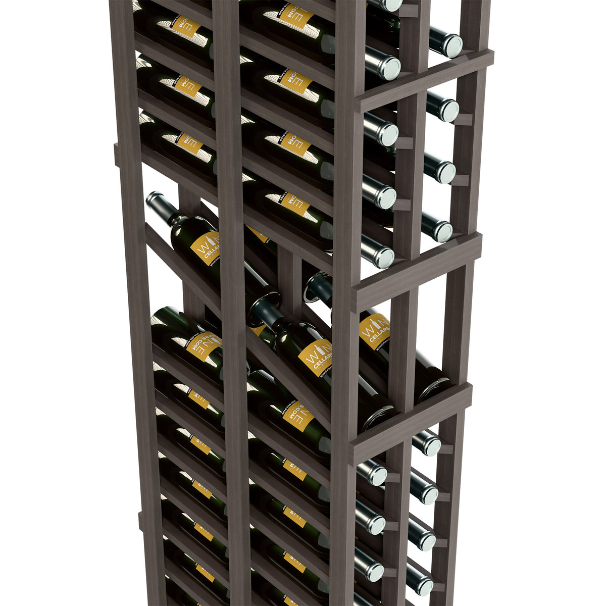 Double-deep wine display rack, dark wood frame with two bottle rows and metal holders
