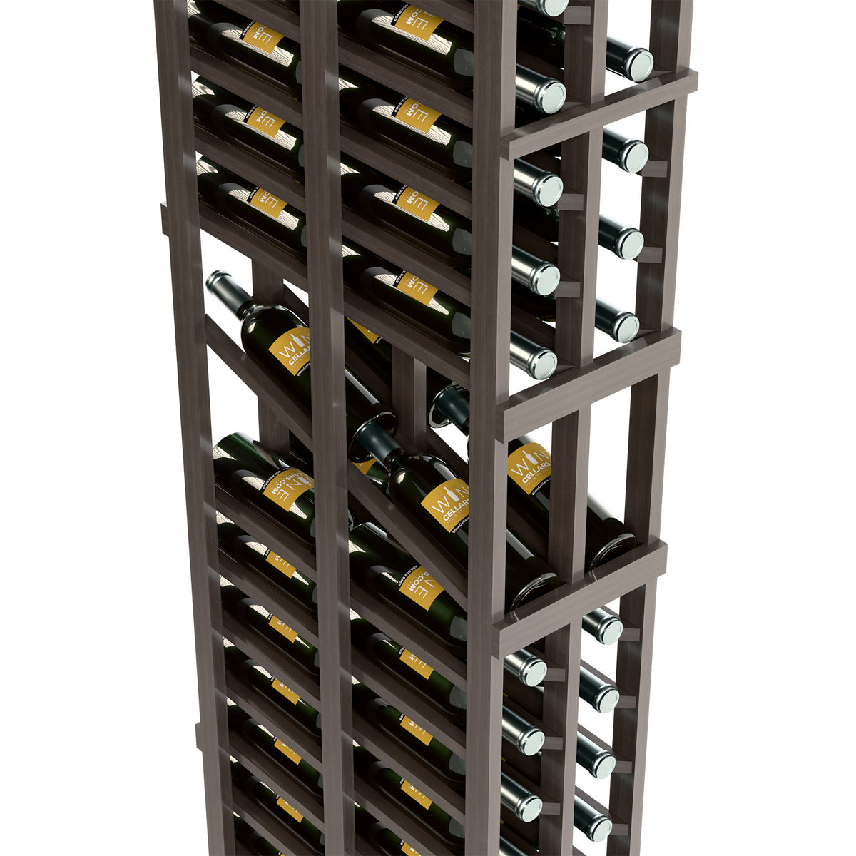 Wine bottle display rack, dark frame showing bottle necks in two deep rows