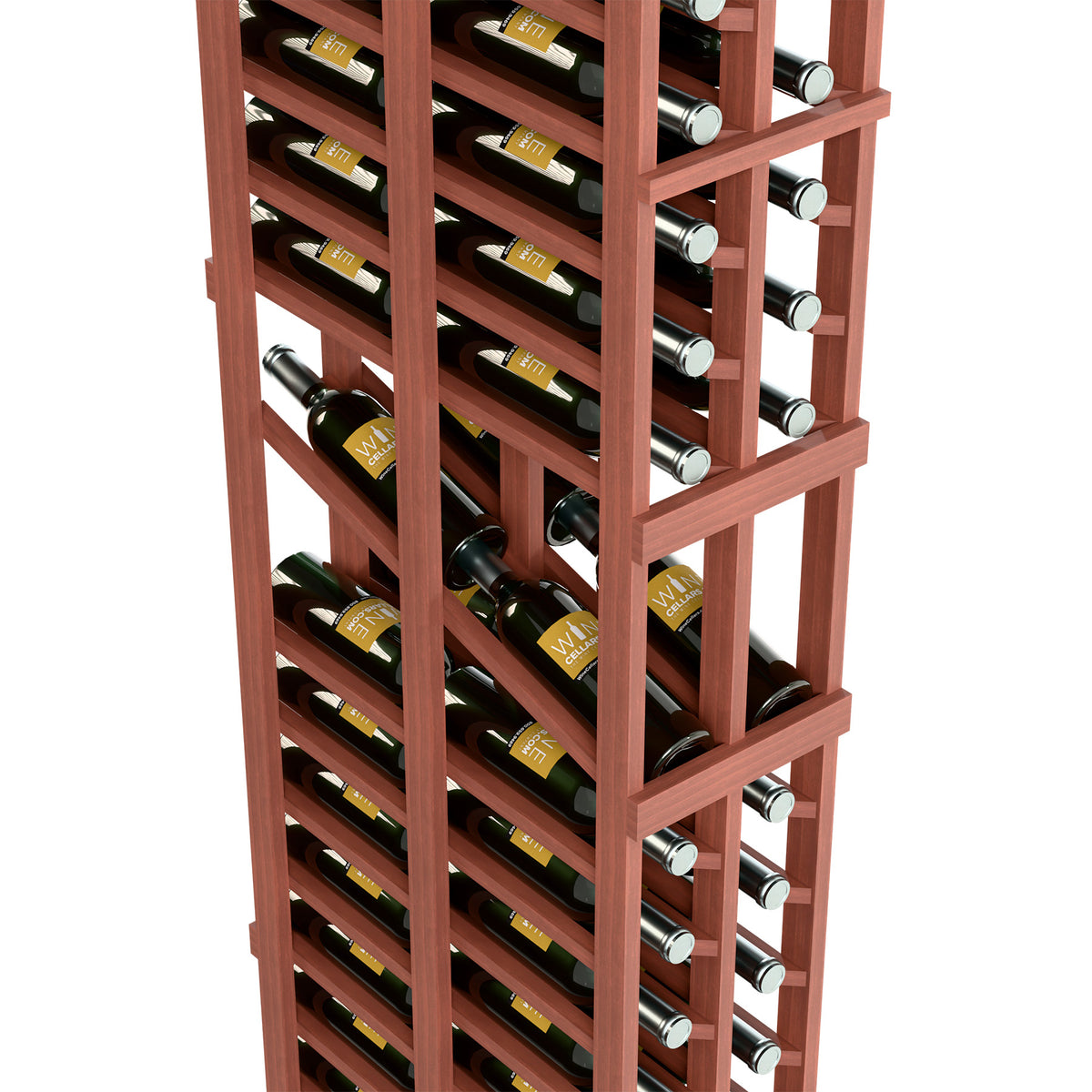 Double-deep wine rack, reddish wood frame with two bottle rows and silver-capped holders