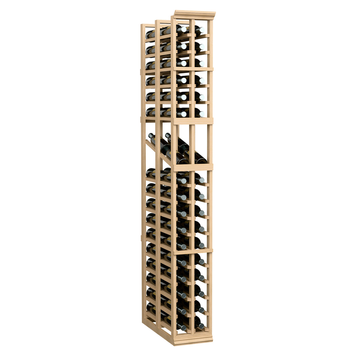 6ft double-deep wine display rack with 2 columns, light wood frame and bottle slots