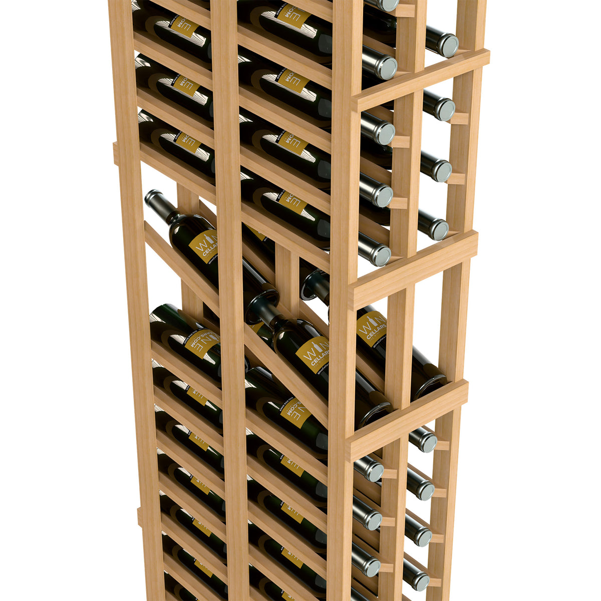 Double-deep wine rack, light wood frame showing bottles in two deep rows