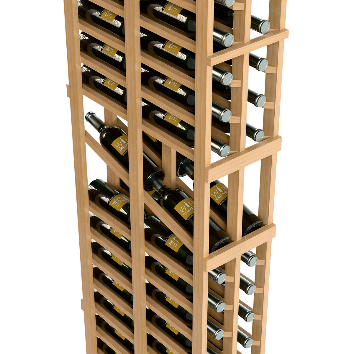 Two-column double-deep wine rack detail with nested bottle slots and light wood shelves