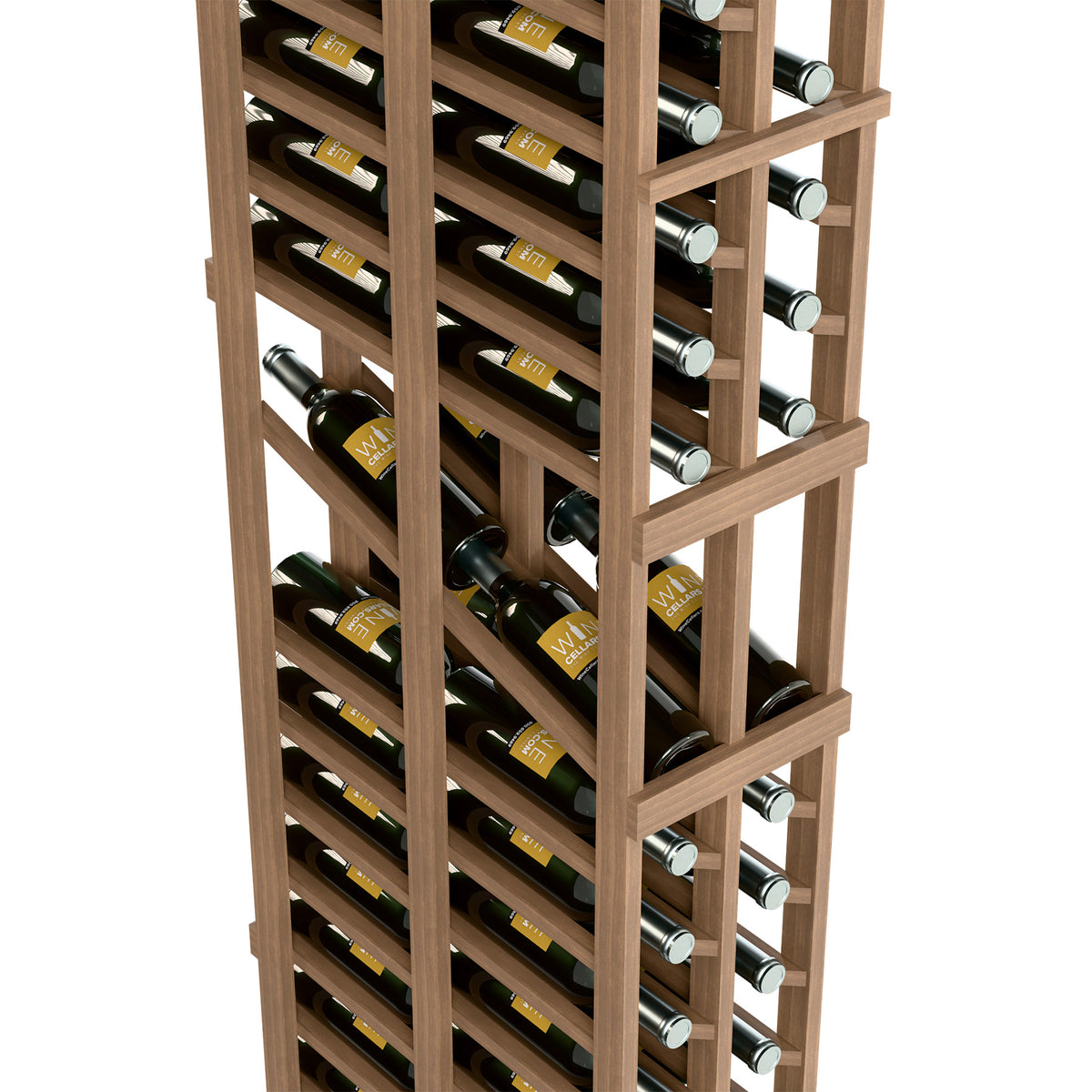 Two-column wine rack close-up showing bottle necks and light wood grid frame