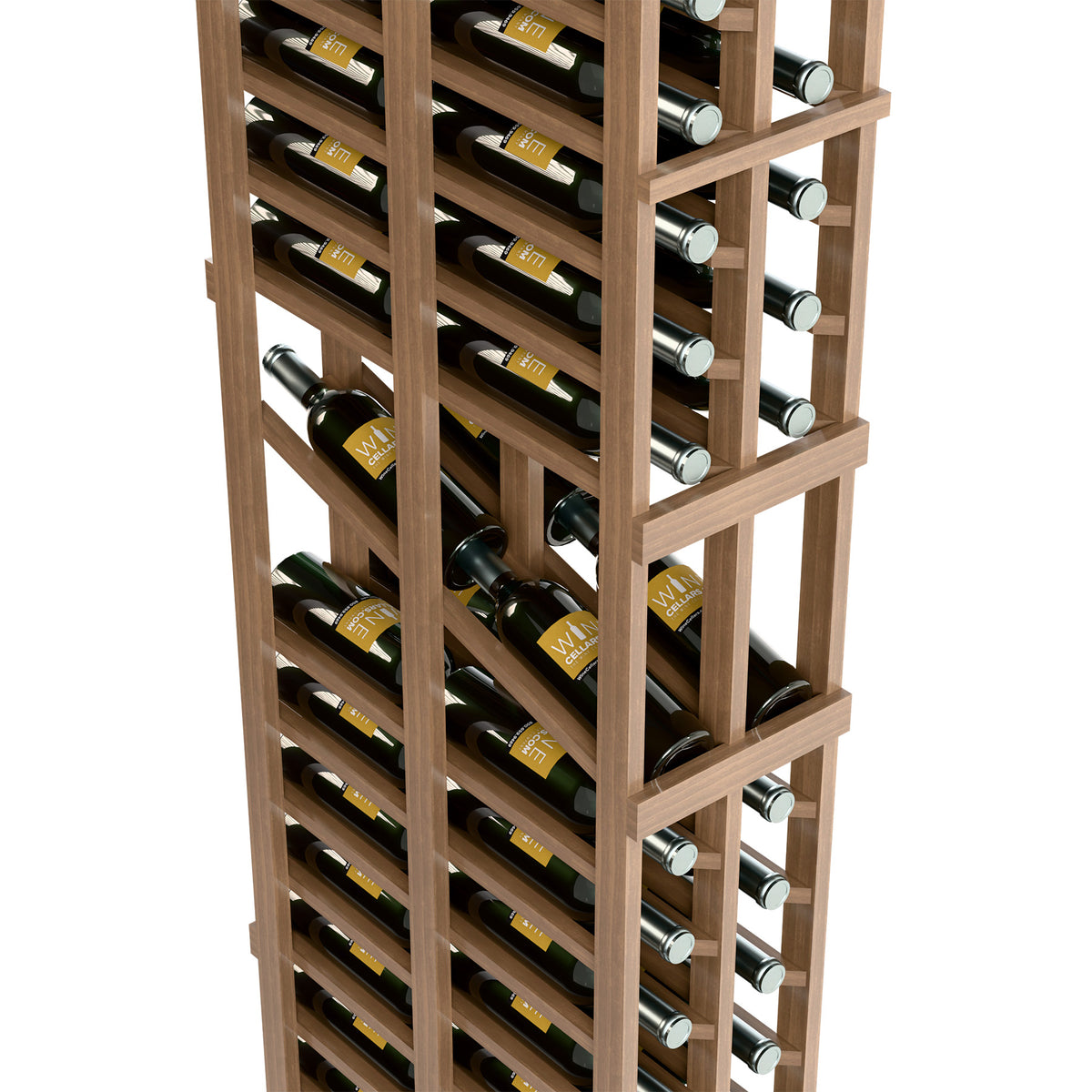 Two-column double-deep wine rack close-up with bottle storage and light wood construction