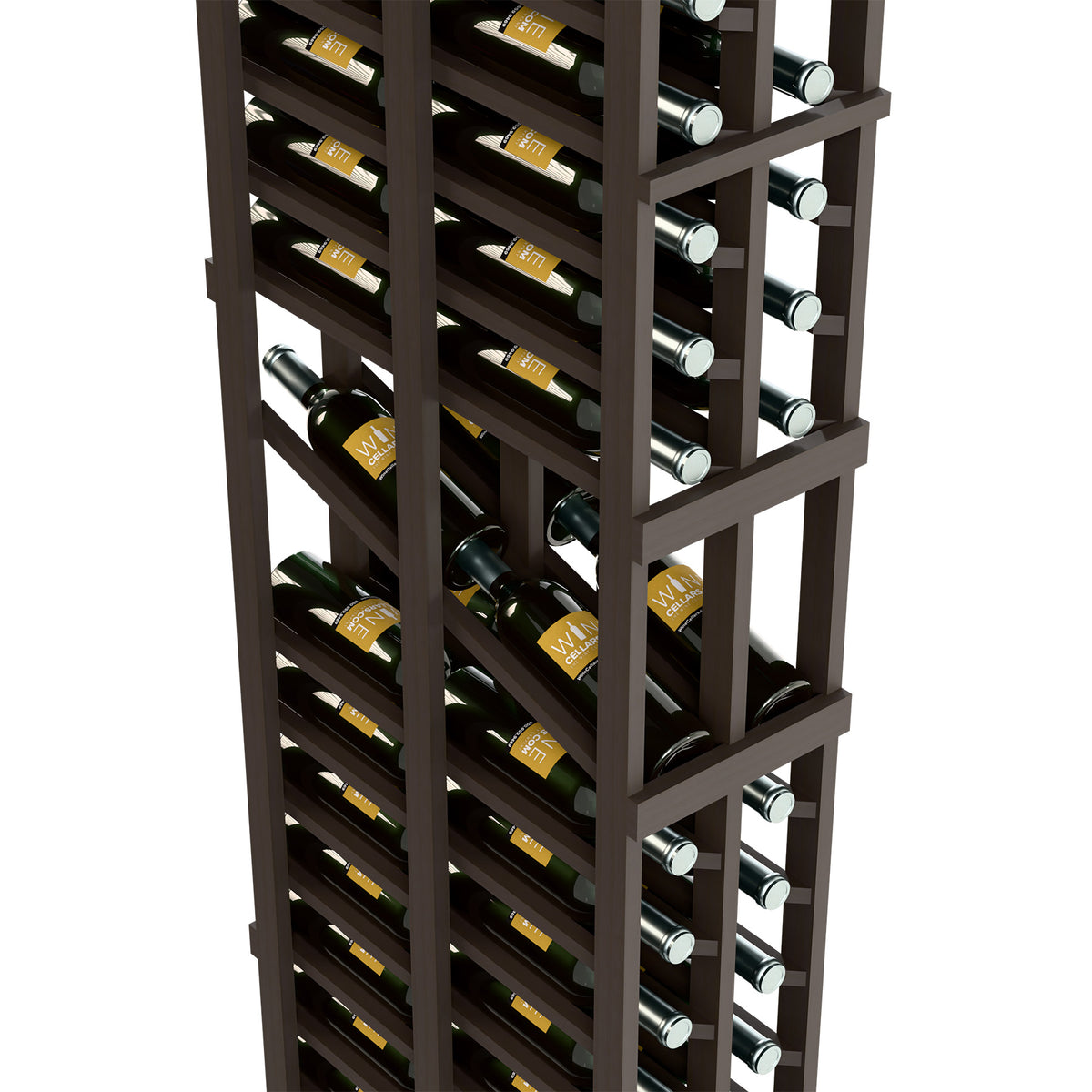 Two-column wine rack close-up showing bottle slots and dark wood shelves