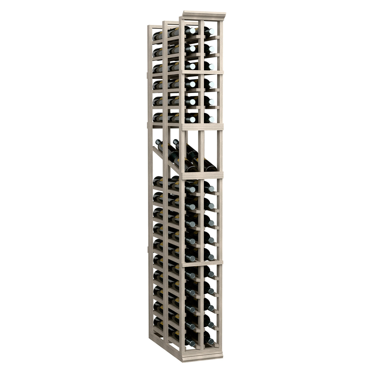 Double-deep wine display rack with two columns and front-facing bottle storage, light wood