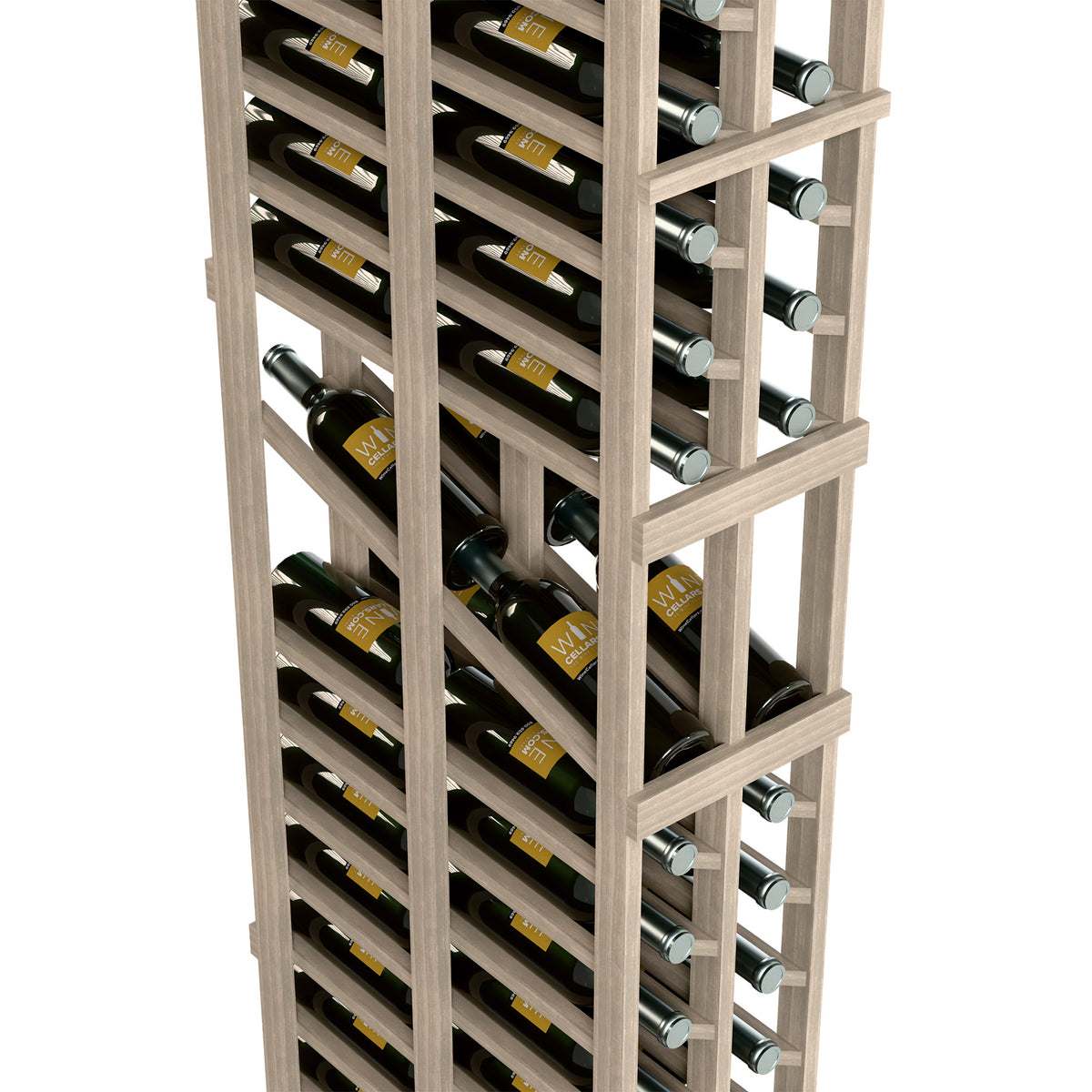 Double-deep wine display rack close-up: two bottle rows and wine bottle neck cutouts, light wood